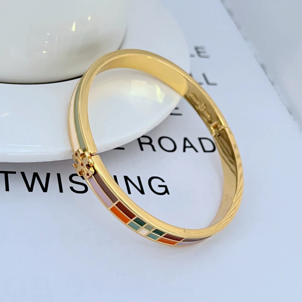 Tory Burch Enamel Inlay Colorful Plaid Stripe Bracelet